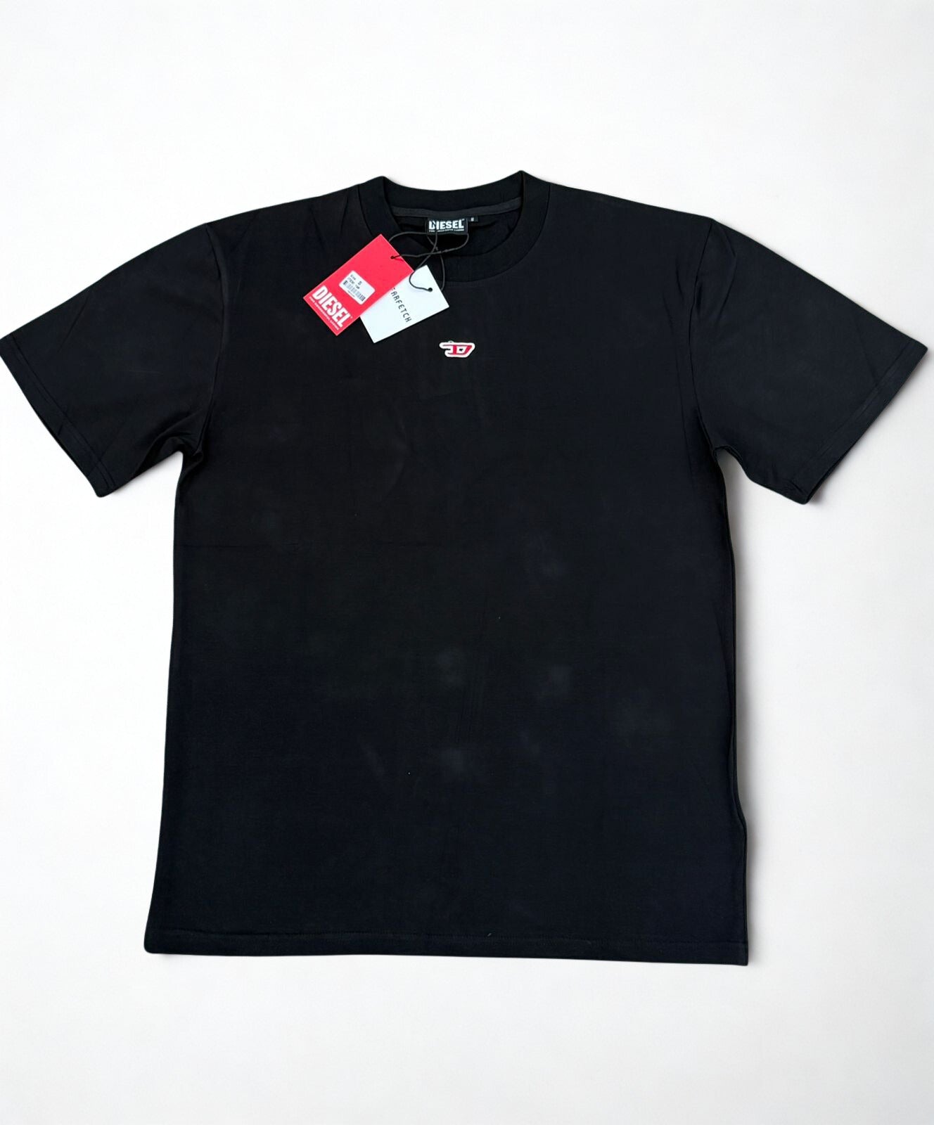 Shop Diesel T-DiegoR-D unisex t-shirt in black—organic cotton with red ‘D’ logo patch.