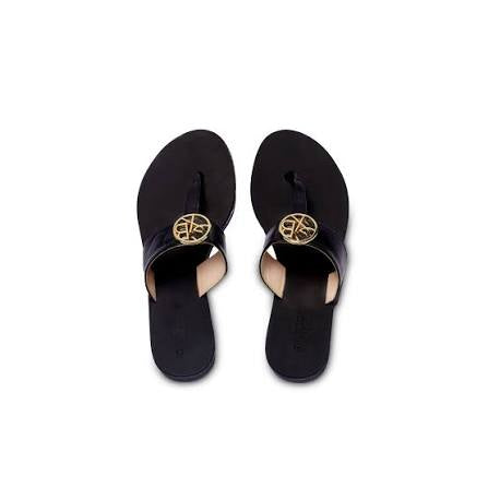 GXB Thong Sandal - Black Leather with Gold-Toned GXB Logo