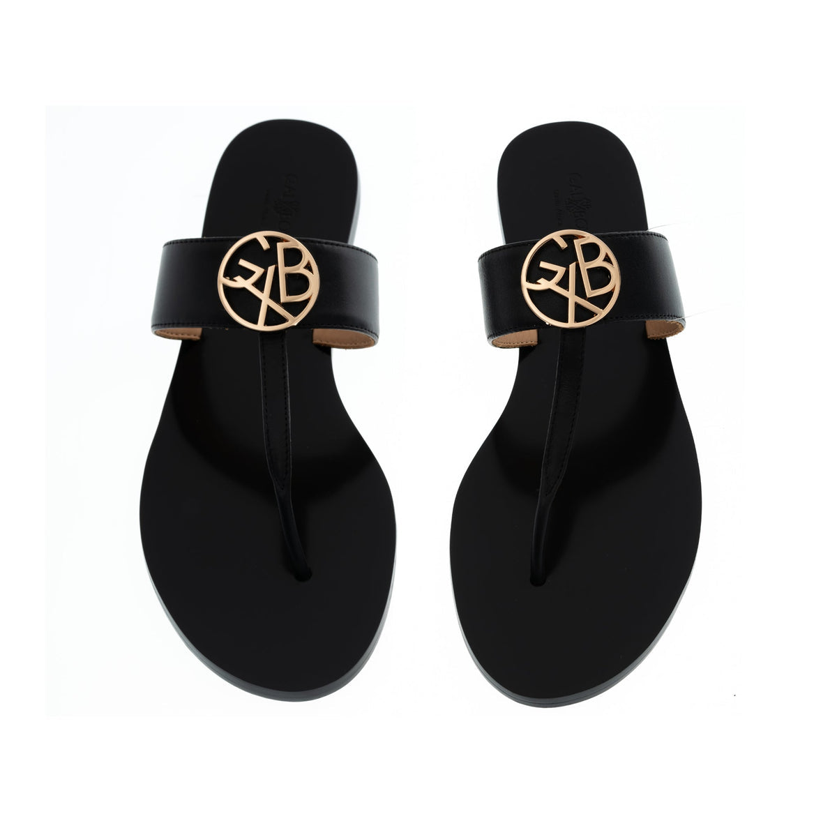 GXB Thong Sandal - Black Leather with Gold-Toned GXB Logo