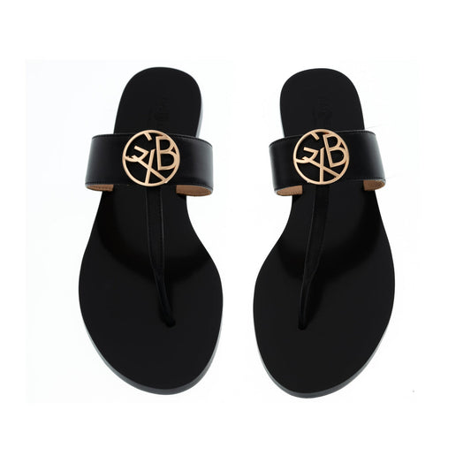 GXB Thong Sandal - Black Leather with Gold-Toned GXB Logo