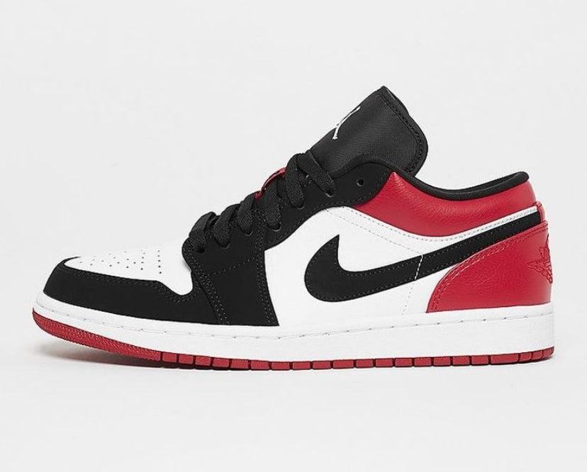 Nike Air Jordan 1 Low Black Toe Sneakers - White/Varsity Red-Black - Iconic Chicago-Inspired Low-Top, Sizes 3-9 UK