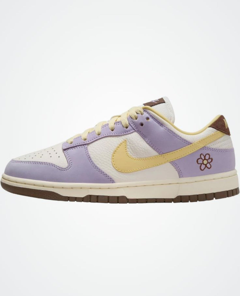 Nike Dunk Low Premium Lilac Bloom Women’s Sneakers - Lilac Bloom/Soft Yellow/Sail - Floral Suede Overlays, Sizes 3-9 UK