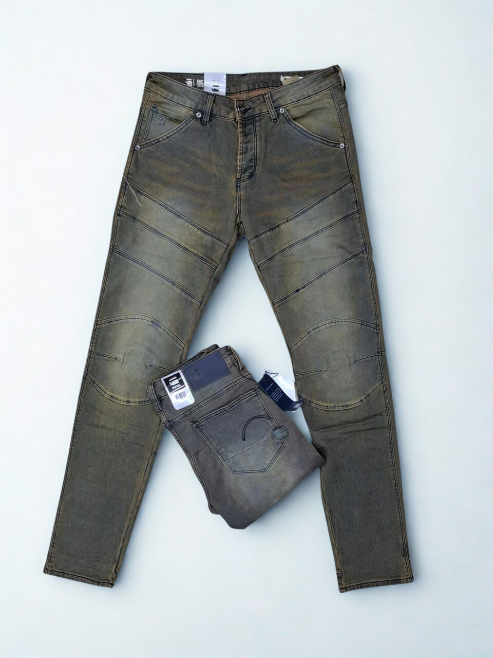 G-Star RAW 5620 3D Zip Knee Skinny Jeans - Green-Grey Faded Stretch Denim Biker Pants